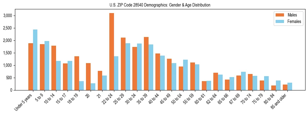 Bar chart showing the population distribution of US ZIP Code 28540 by age group and gender, based on 2023 ACS data.