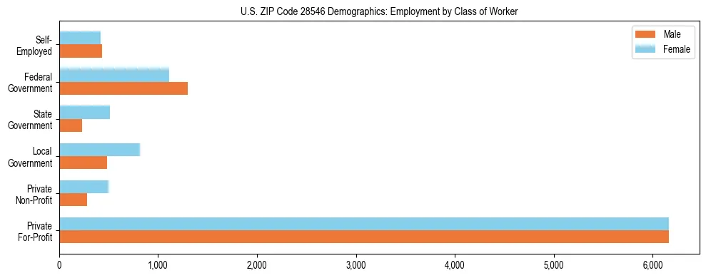 Horizontal bar chart showing employment distribution by class of worker and gender in US ZIP Code 28546, based on 2023 ACS data.