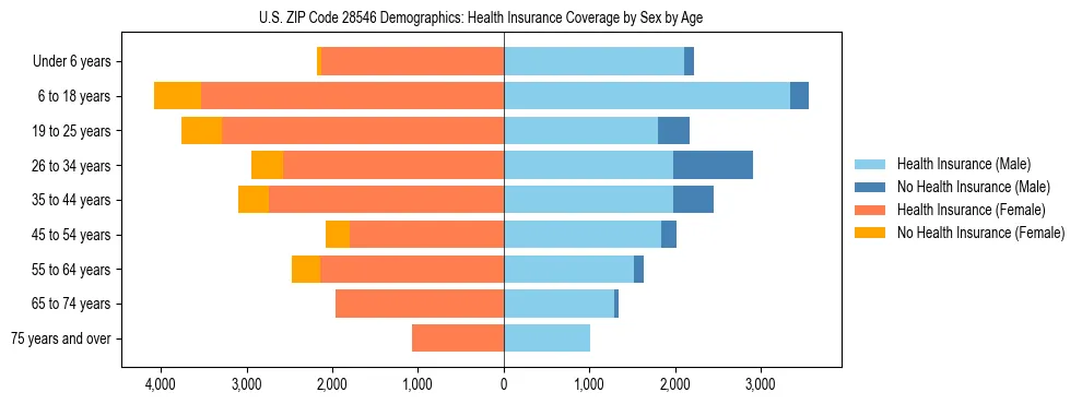 Pyramid chart showing health insurance coverage by age and sex in US ZIP Code 28546.