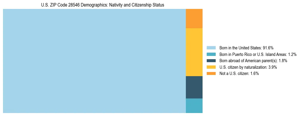 Treemap showing the population distribution by nativity and citizenship status in US ZIP Code 28546 based on U.S. Census data.