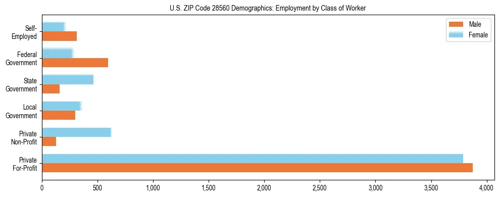 Horizontal bar chart showing employment distribution by class of worker and gender in US ZIP Code 28560, based on 2023 ACS data.