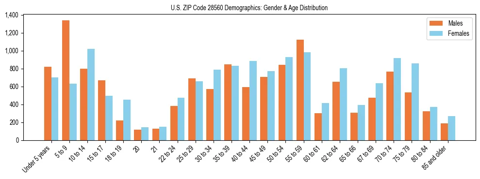 Bar chart showing the population distribution of US ZIP Code 28560 by age group and gender, based on 2023 ACS data.
