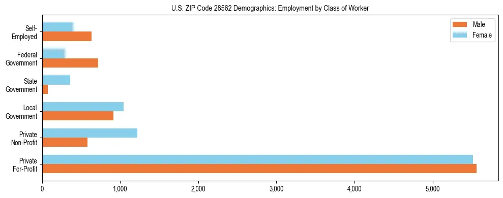 Horizontal bar chart showing employment distribution by class of worker and gender in US ZIP Code 28562, based on 2023 ACS data.