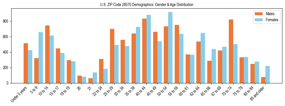 Bar chart showing the population distribution of US ZIP Code 28570 by age group and gender, based on 2023 ACS data.