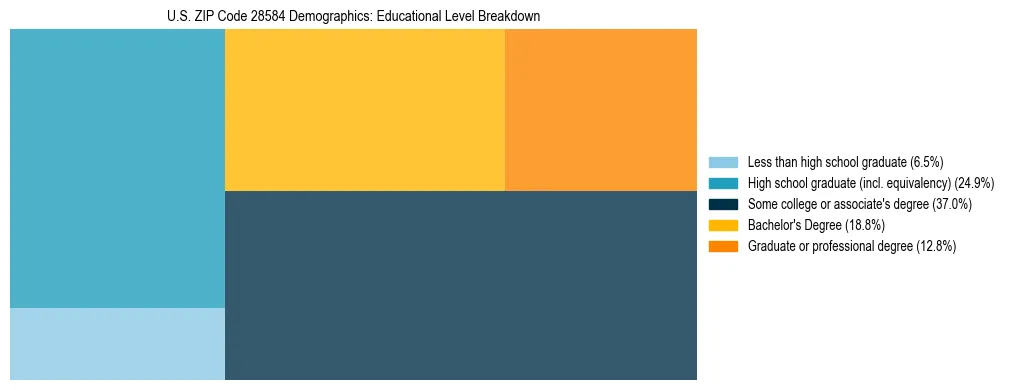Treemap chart illustrating the educational attainment breakdown for population 25 years and over in US ZIP Code 28584.