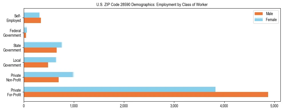 Horizontal bar chart showing employment distribution by class of worker and gender in US ZIP Code 28590, based on 2023 ACS data.