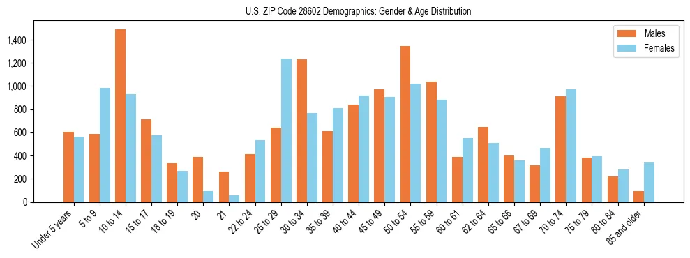 Bar chart showing the population distribution of US ZIP Code 28602 by age group and gender, based on 2023 ACS data.