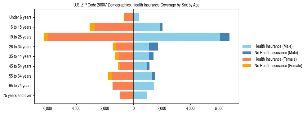Pyramid chart showing health insurance coverage by age and sex in US ZIP Code 28607.
