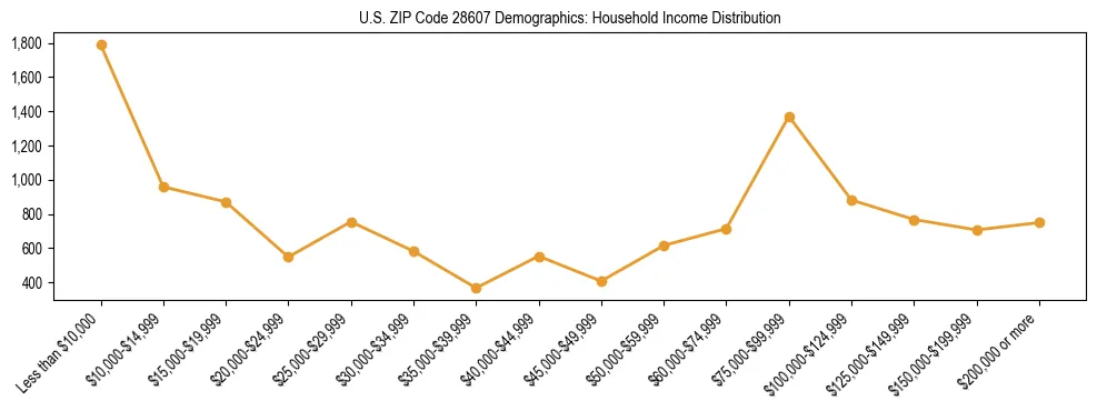Horizontal bar chart showing household income distribution in US ZIP Code 28607.