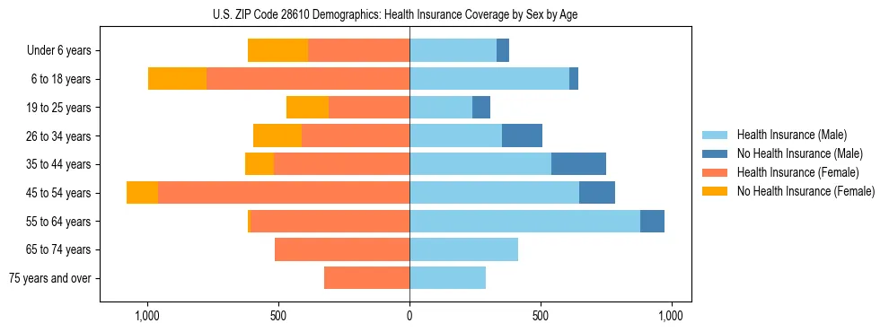 Pyramid chart showing health insurance coverage by age and sex in US ZIP Code 28610.
