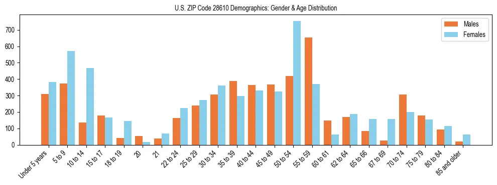 Bar chart showing the population distribution of US ZIP Code 28610 by age group and gender, based on 2023 ACS data.
