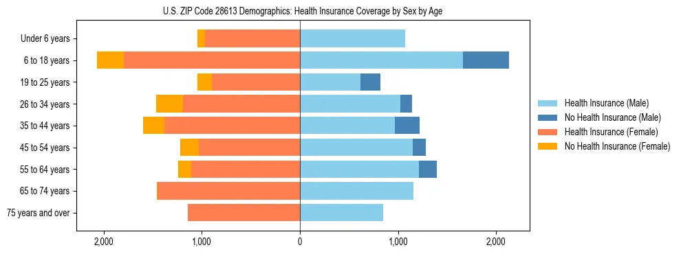 Pyramid chart showing health insurance coverage by age and sex in US ZIP Code 28613.