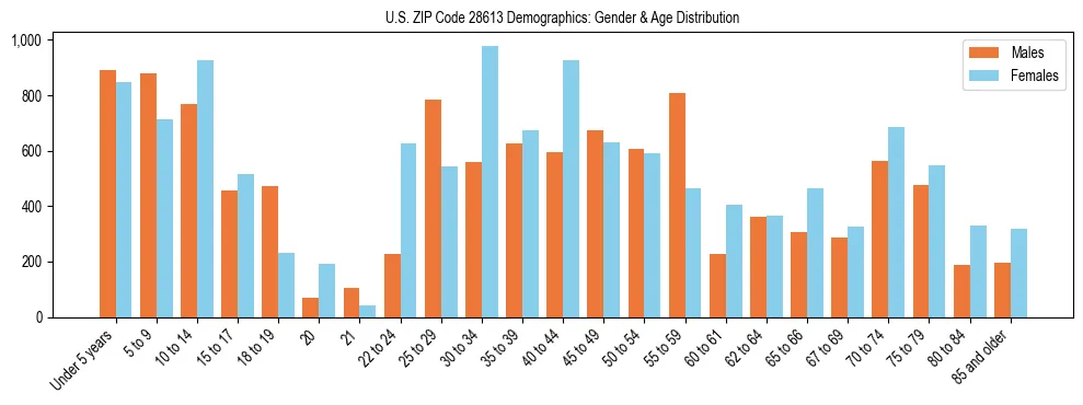 Bar chart showing the population distribution of US ZIP Code 28613 by age group and gender, based on 2023 ACS data.