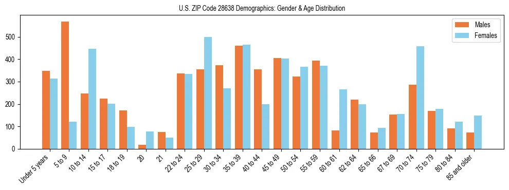 Bar chart showing the population distribution of US ZIP Code 28638 by age group and gender, based on 2023 ACS data.