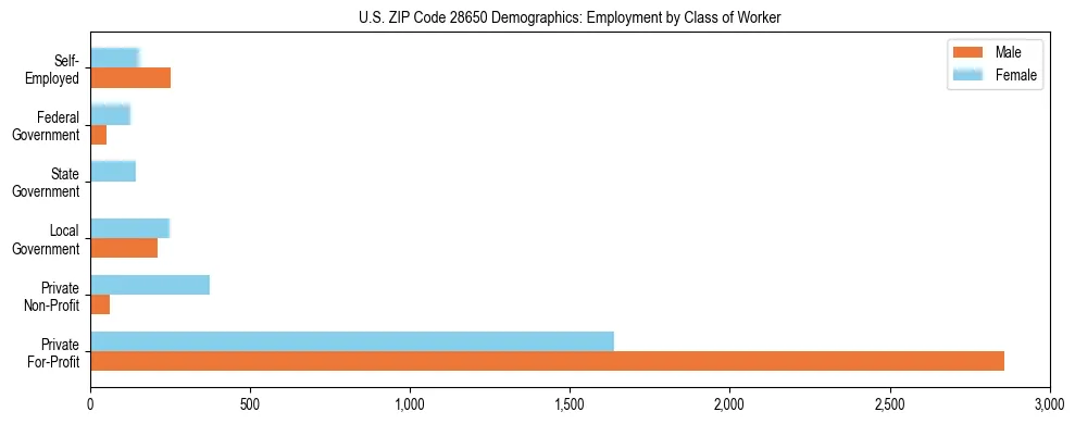 Horizontal bar chart showing employment distribution by class of worker and gender in US ZIP Code 28650, based on 2023 ACS data.