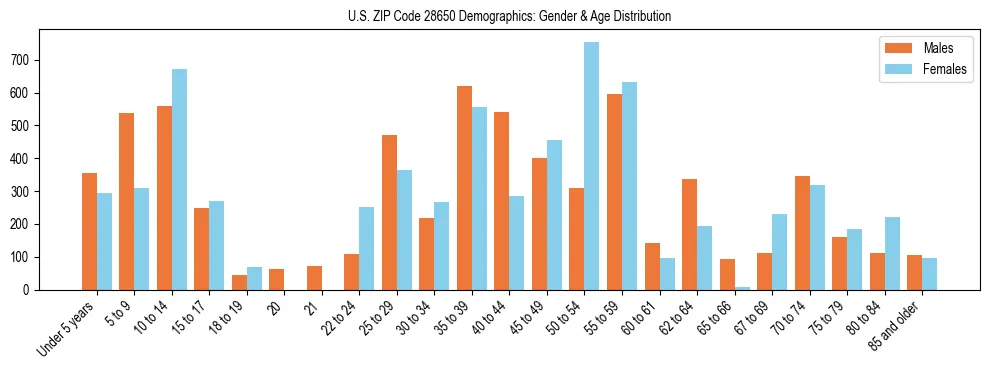 Bar chart showing the population distribution of US ZIP Code 28650 by age group and gender, based on 2023 ACS data.