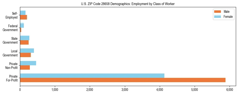 Horizontal bar chart showing employment distribution by class of worker and gender in US ZIP Code 28658, based on 2023 ACS data.