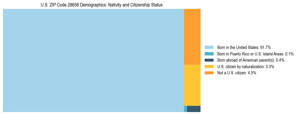Treemap showing the population distribution by nativity and citizenship status in US ZIP Code 28658 based on U.S. Census data.