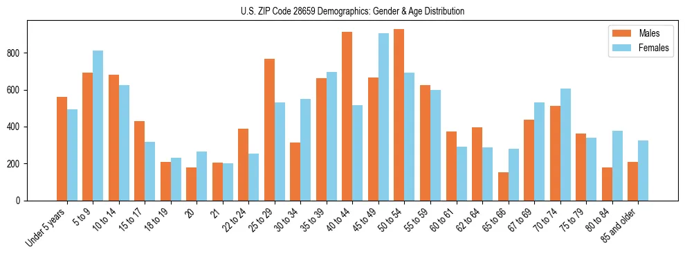 Bar chart showing the population distribution of US ZIP Code 28659 by age group and gender, based on 2023 ACS data.