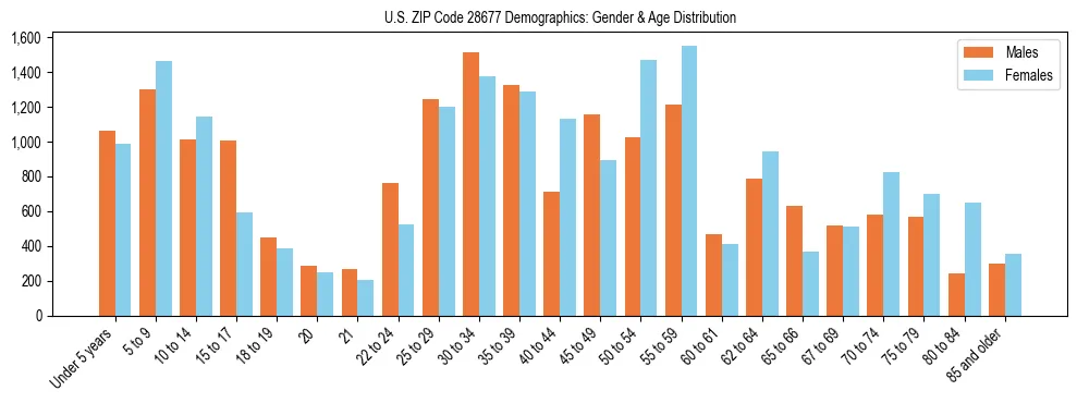 Bar chart showing the population distribution of US ZIP Code 28677 by age group and gender, based on 2023 ACS data.