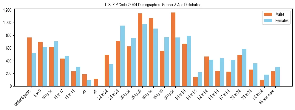 Bar chart showing the population distribution of US ZIP Code 28704 by age group and gender, based on 2023 ACS data.
