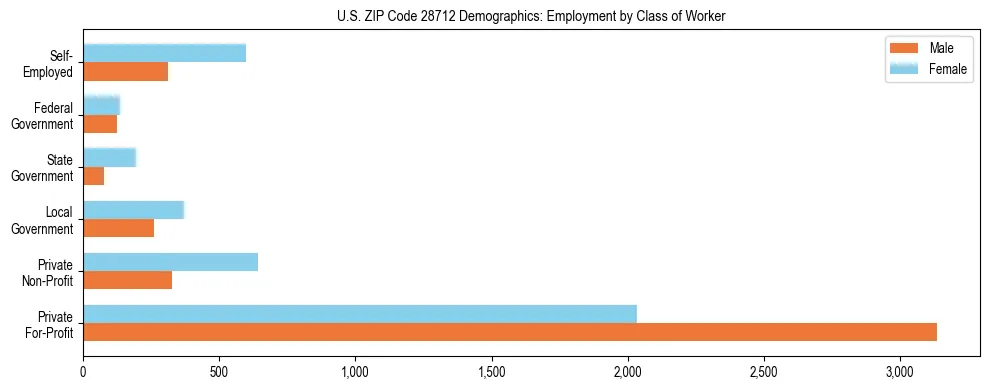 Horizontal bar chart showing employment distribution by class of worker and gender in US ZIP Code 28712, based on 2023 ACS data.
