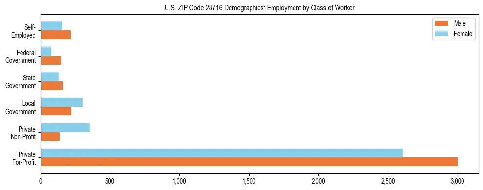 Horizontal bar chart showing employment distribution by class of worker and gender in US ZIP Code 28716, based on 2023 ACS data.