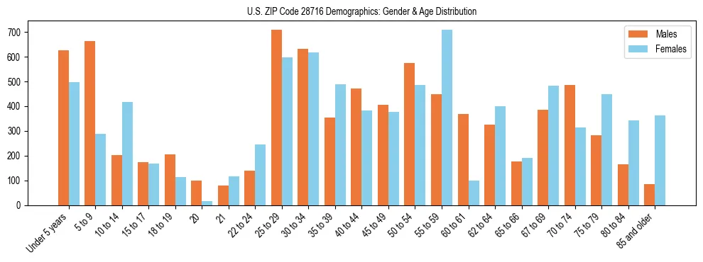 Bar chart showing the population distribution of US ZIP Code 28716 by age group and gender, based on 2023 ACS data.