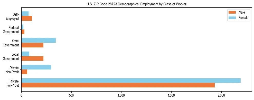 Horizontal bar chart showing employment distribution by class of worker and gender in US ZIP Code 28723, based on 2023 ACS data.