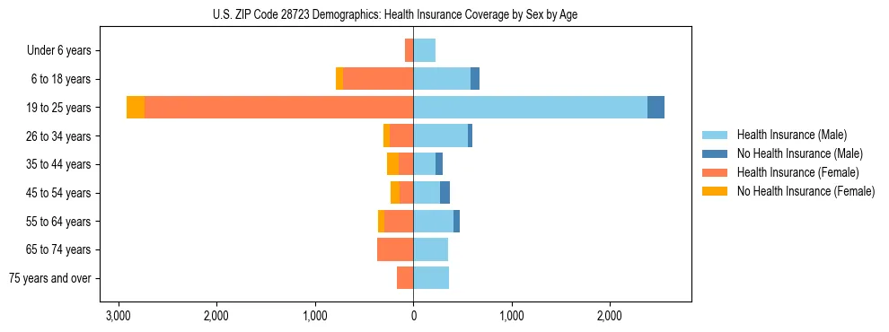 Pyramid chart showing health insurance coverage by age and sex in US ZIP Code 28723.