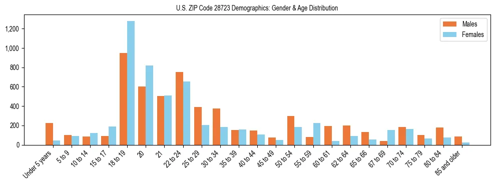 Bar chart showing the population distribution of US ZIP Code 28723 by age group and gender, based on 2023 ACS data.