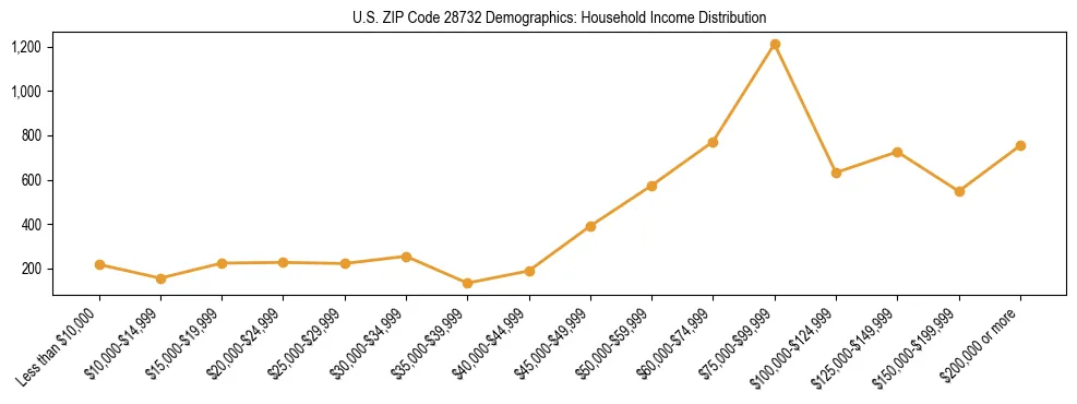 Horizontal bar chart showing household income distribution in US ZIP Code 28732.