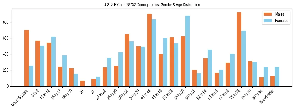 Bar chart showing the population distribution of US ZIP Code 28732 by age group and gender, based on 2023 ACS data.