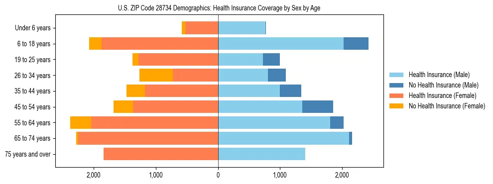 Pyramid chart showing health insurance coverage by age and sex in US ZIP Code 28734.