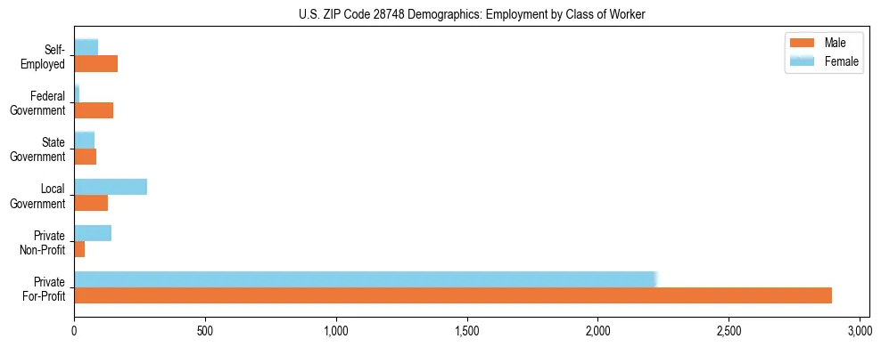 Horizontal bar chart showing employment distribution by class of worker and gender in US ZIP Code 28748, based on 2023 ACS data.