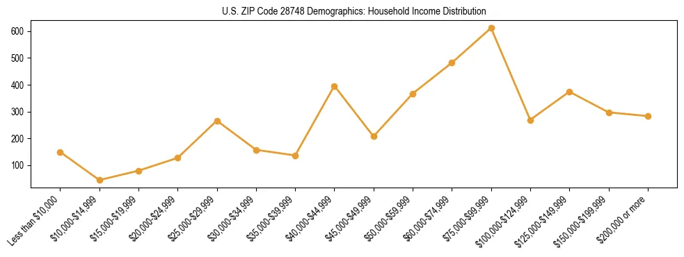 Horizontal bar chart showing household income distribution in US ZIP Code 28748.