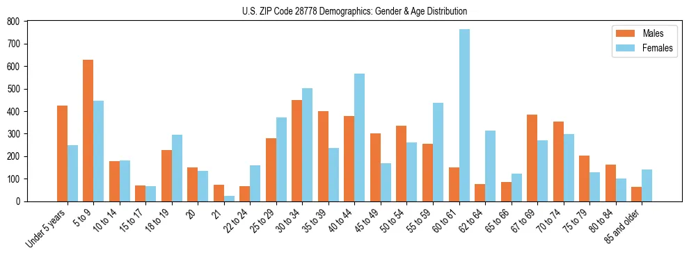 Bar chart showing the population distribution of US ZIP Code 28778 by age group and gender, based on 2023 ACS data.