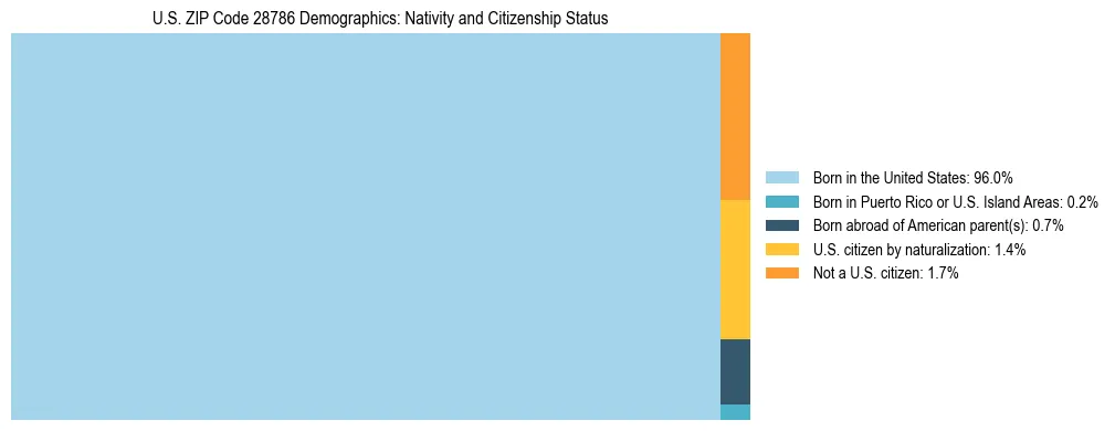 Treemap showing the population distribution by nativity and citizenship status in US ZIP Code 28786 based on U.S. Census data.