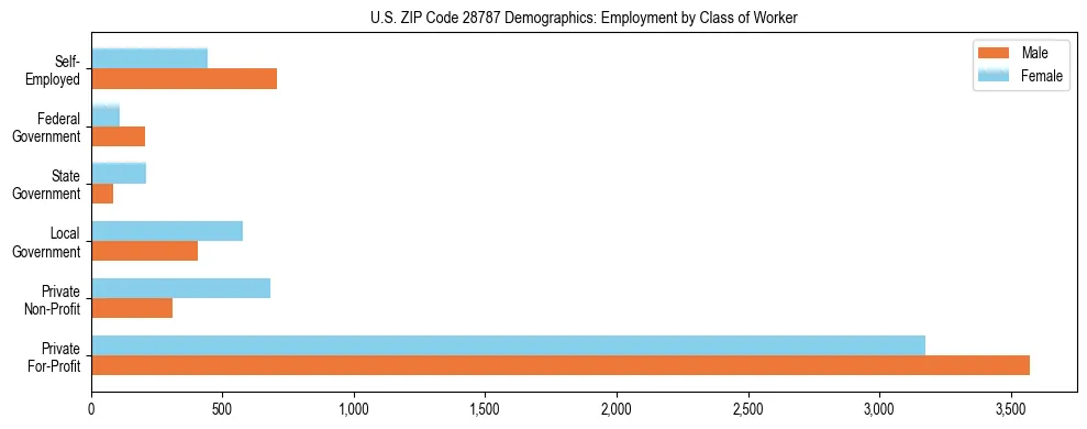 Horizontal bar chart showing employment distribution by class of worker and gender in US ZIP Code 28787, based on 2023 ACS data.