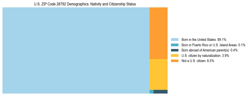 Treemap showing the population distribution by nativity and citizenship status in US ZIP Code 28792 based on U.S. Census data.