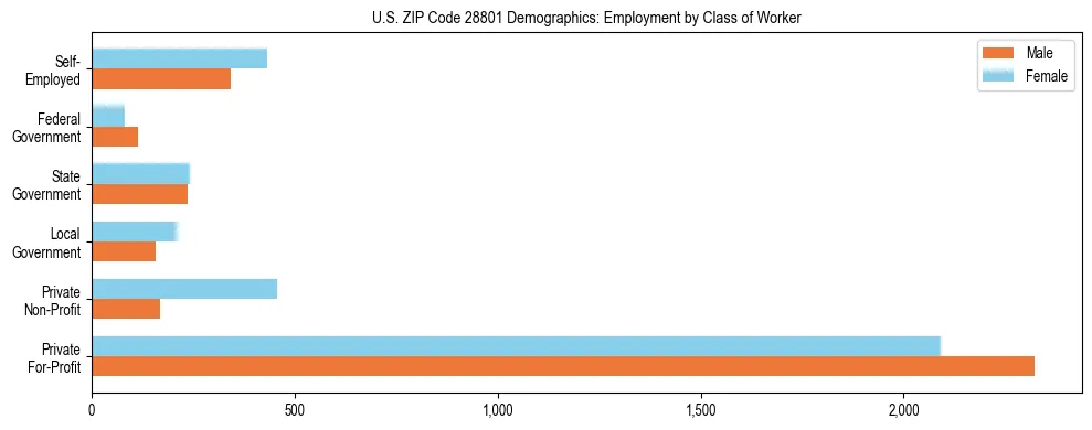 Horizontal bar chart showing employment distribution by class of worker and gender in US ZIP Code 28801, based on 2023 ACS data.