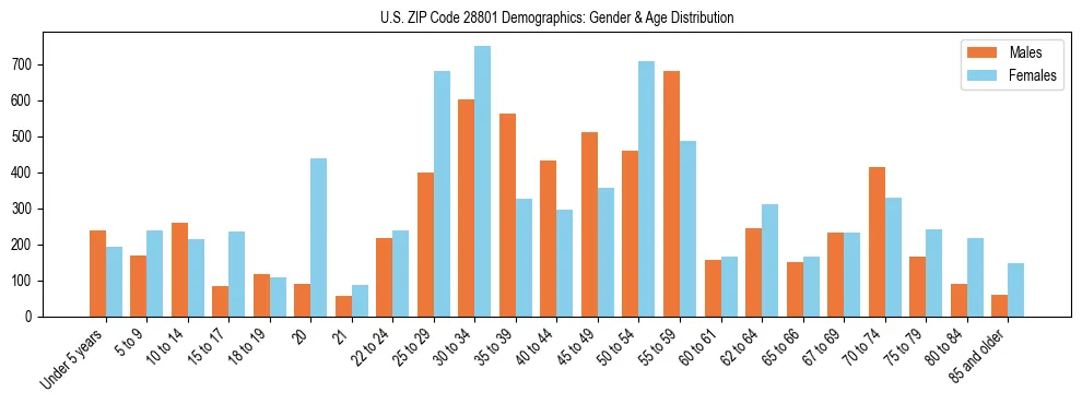 Bar chart showing the population distribution of US ZIP Code 28801 by age group and gender, based on 2023 ACS data.