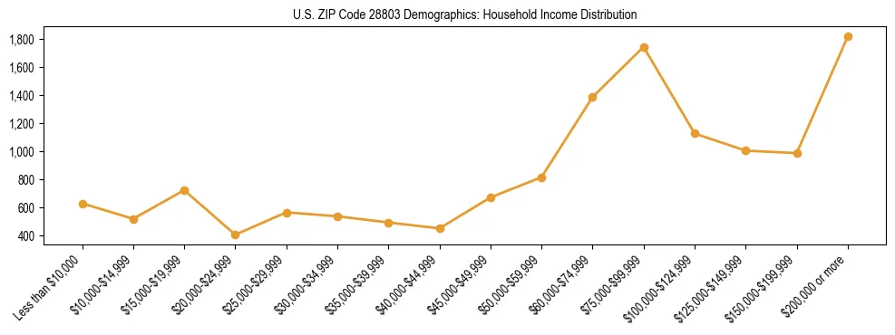 Horizontal bar chart showing household income distribution in US ZIP Code 28803.