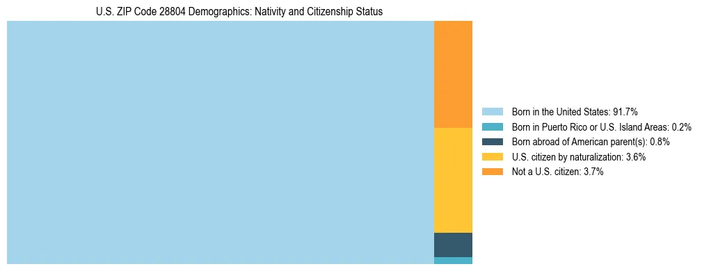 Treemap showing the population distribution by nativity and citizenship status in US ZIP Code 28804 based on U.S. Census data.