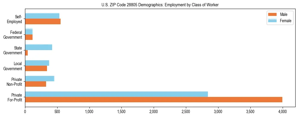 Horizontal bar chart showing employment distribution by class of worker and gender in US ZIP Code 28805, based on 2023 ACS data.