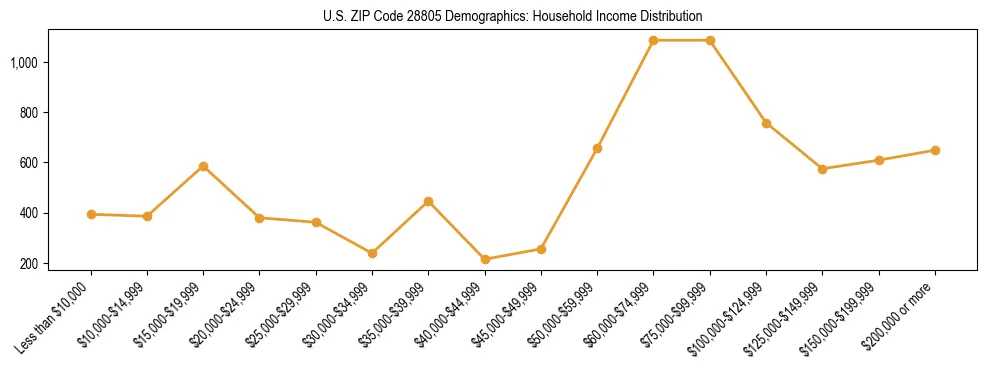 Horizontal bar chart showing household income distribution in US ZIP Code 28805.