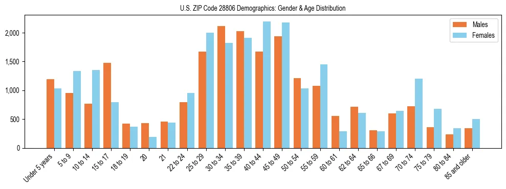 Bar chart showing the population distribution of US ZIP Code 28806 by age group and gender, based on 2023 ACS data.