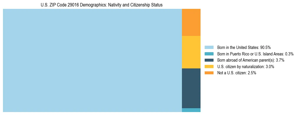 Treemap showing the population distribution by nativity and citizenship status in US ZIP Code 29016 based on U.S. Census data.
