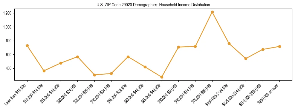 Horizontal bar chart showing household income distribution in US ZIP Code 29020.
