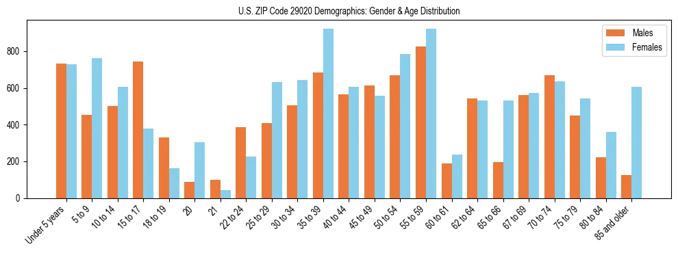 Bar chart showing the population distribution of US ZIP Code 29020 by age group and gender, based on 2023 ACS data.